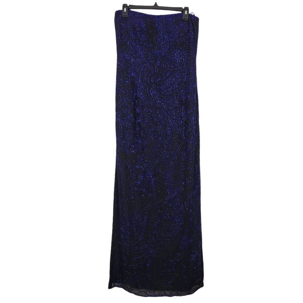 Vtg Cache 100% Silk Beaded Formal Maxi Dress Sz L Black Blue Straples‎ Gown Prom
